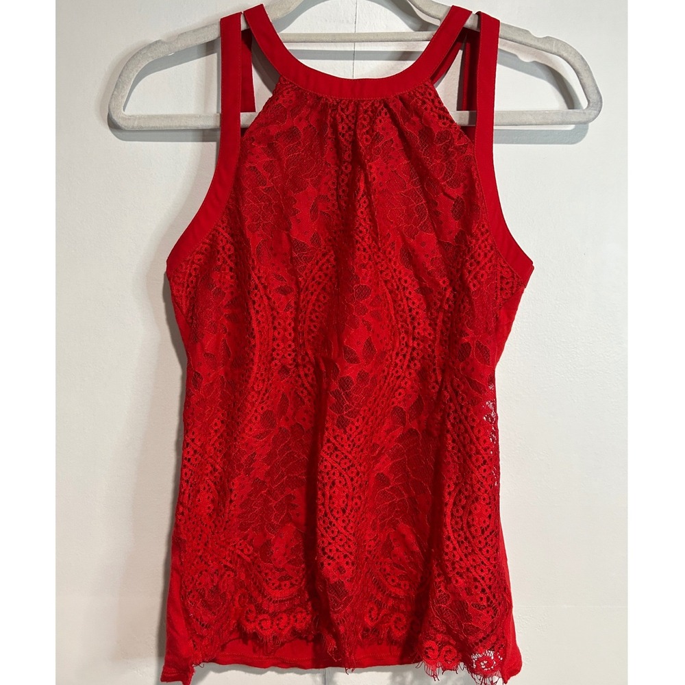 Express Lace Halter Tank Top Womens XS Red Strappy Keyhole Back Floral Romantic